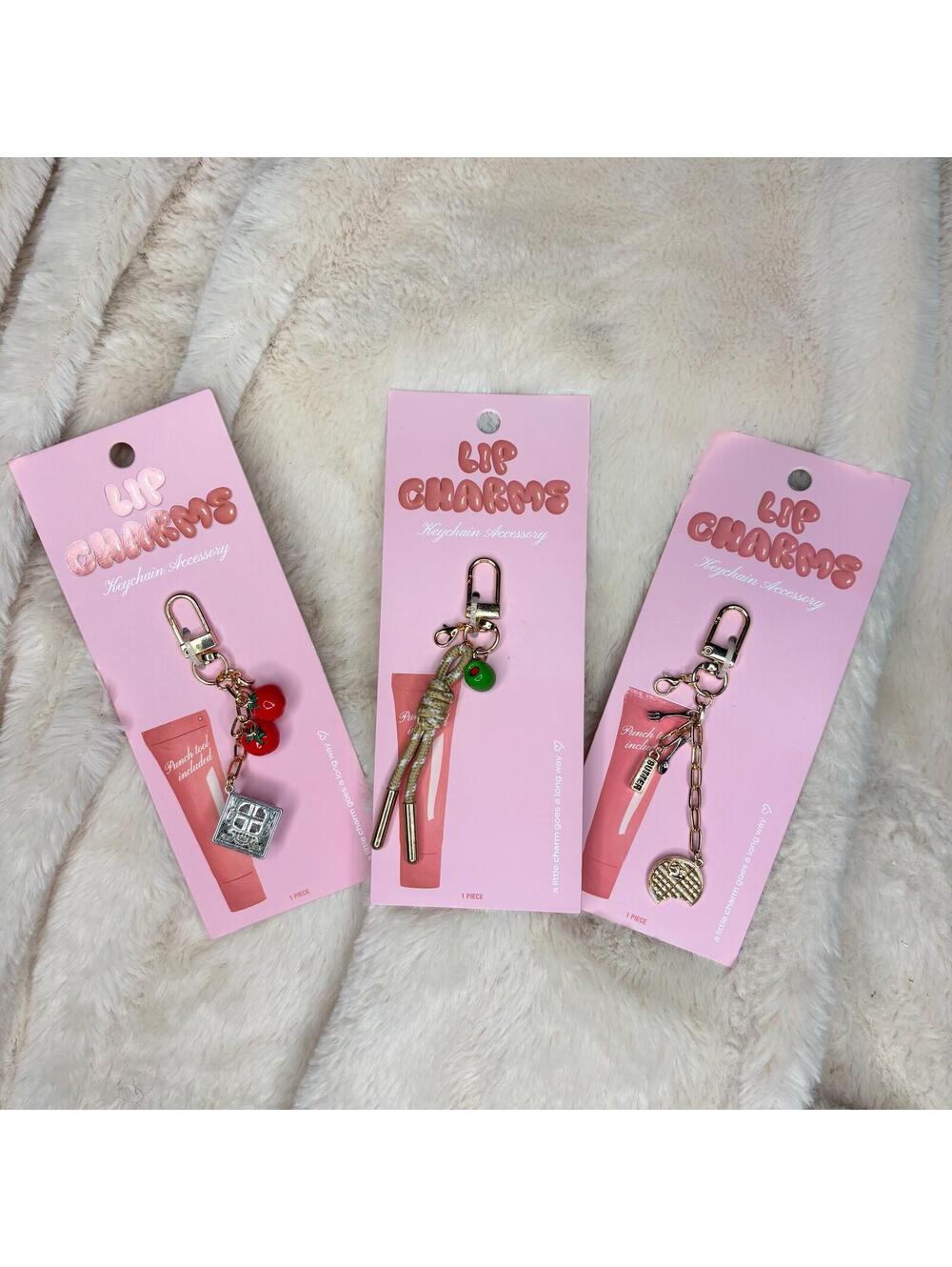 Bundle of Lipgloss Keychain Charms Green Olive Breakfast Waffle Tomato Basket